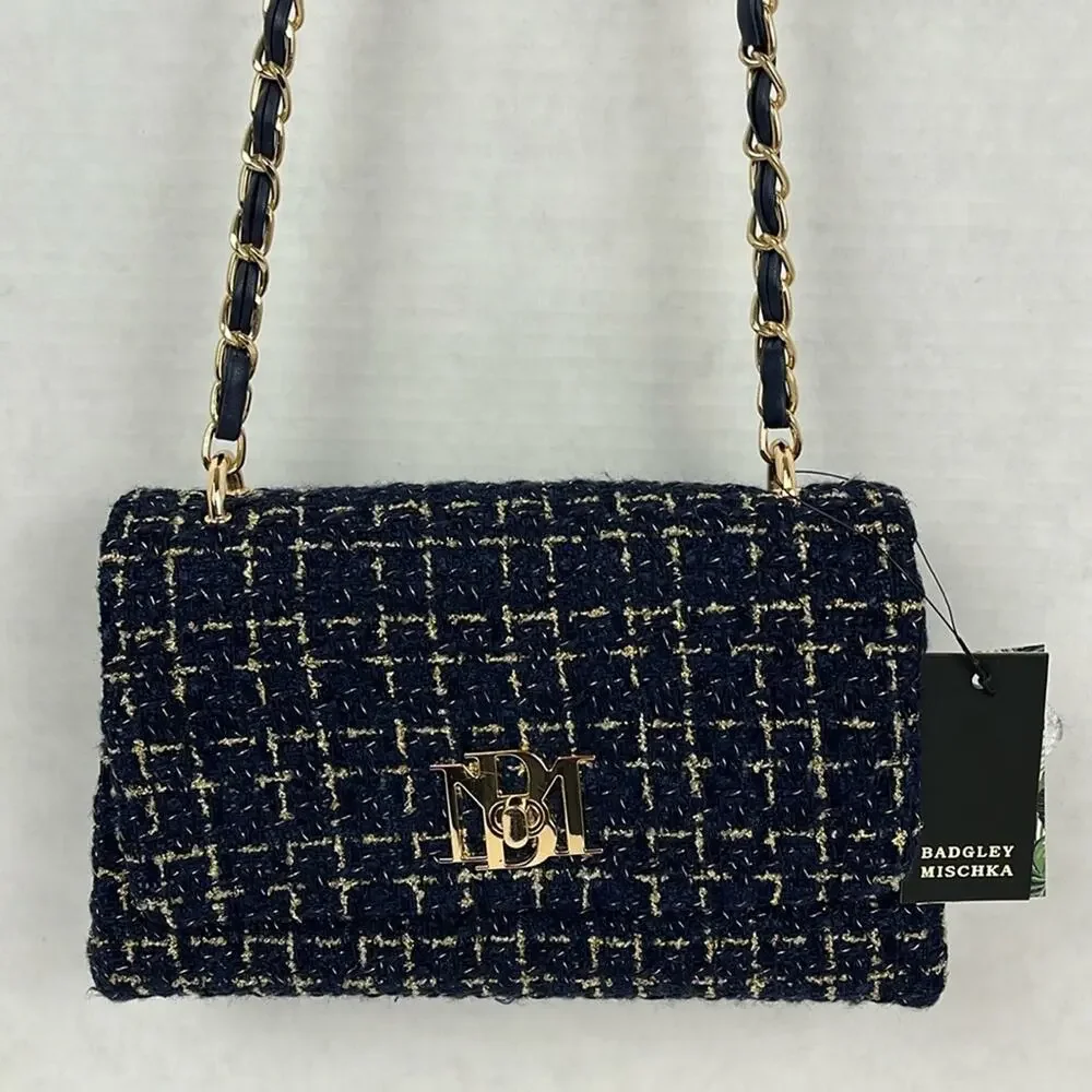 Badgley Mischka Purse Navy Blue Textured Messenger Bag Crossbody Gold Accents - Picture 1 of 11